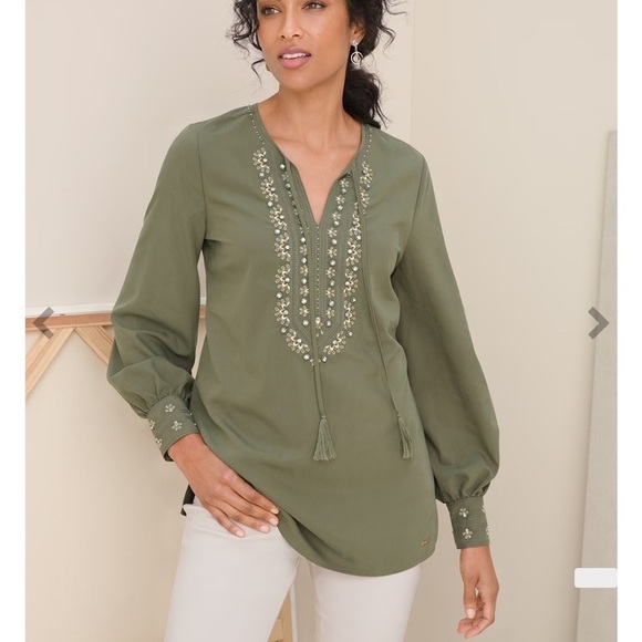 CHICO'S Embellished Peasant Blouse Fern Green Chico’s sz 2 US Women’s 12/14 - Picture 1 of 15